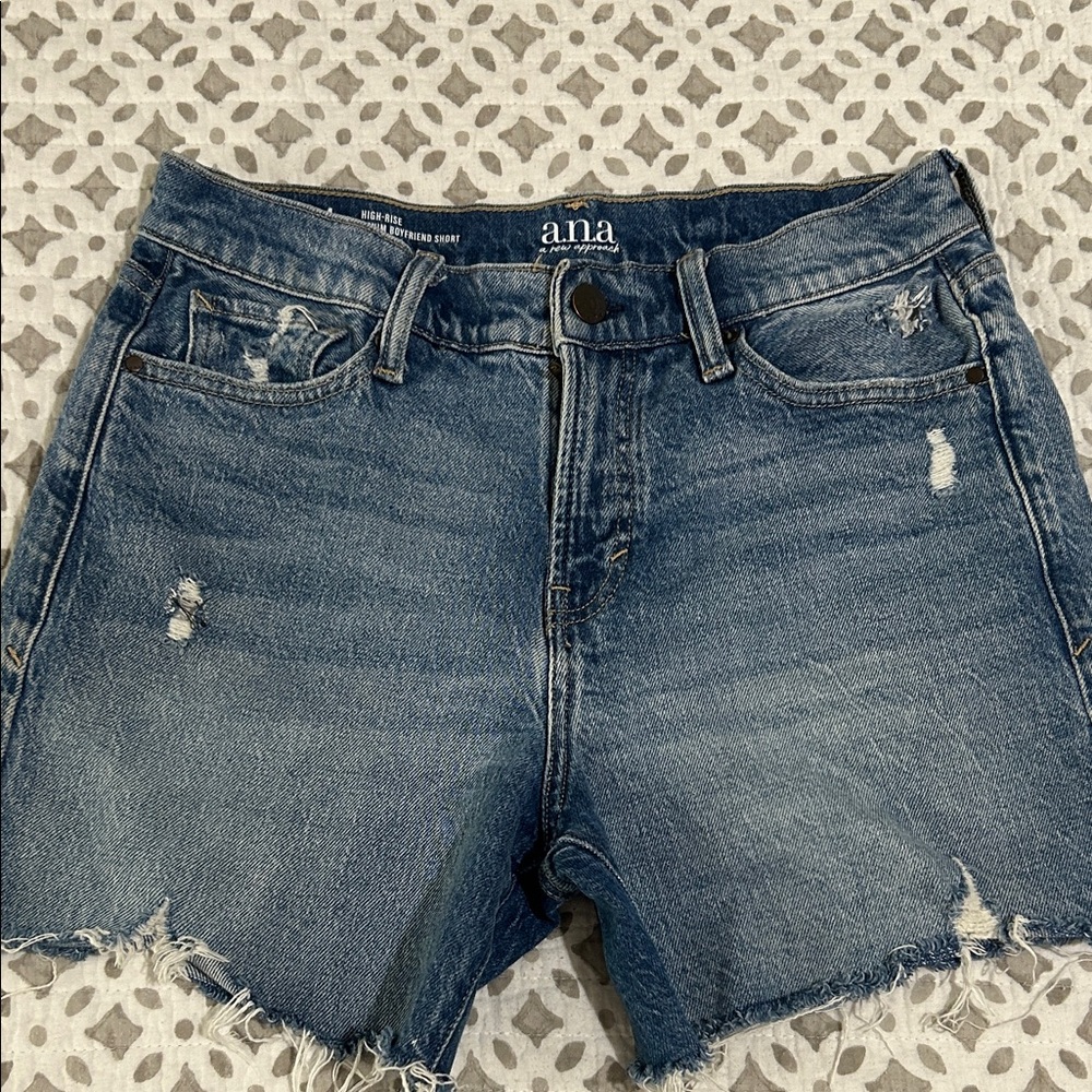 a.n.a Women's Mid-Rise Distressed Denim Shorts - Dark Blue Wash